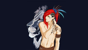 red haired male anime character with gray lion illustration